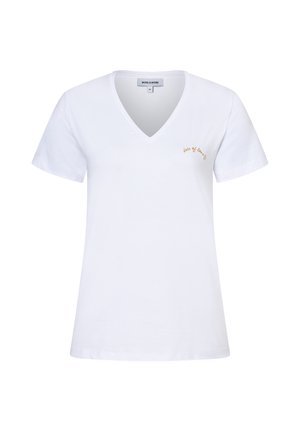Wit V-hals T-shirt met korte mouwen en kleine gouden tekst "lots of love" op de linkerborst, maat 36, merk More & More.