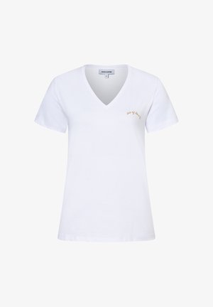 Wit V-hals T-shirt met korte mouwen en kleine gouden tekst "lots of love" op de linkerborst, maat 36, merk More & More.