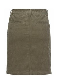 Khaki corduroy rok met een elastische tailleband, voorzien van twee achterzakken en een rechte pasvorm. Getextureerde stof met verticale ribben.