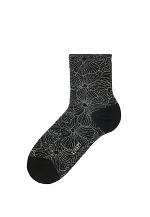 Schwarze Knöchelsocke mit grauem Blumenmuster und einfarbiger schwarzer Spitze und Ferse, Schriftzug „MUJI“ in der Nähe des Zehenbereichs.