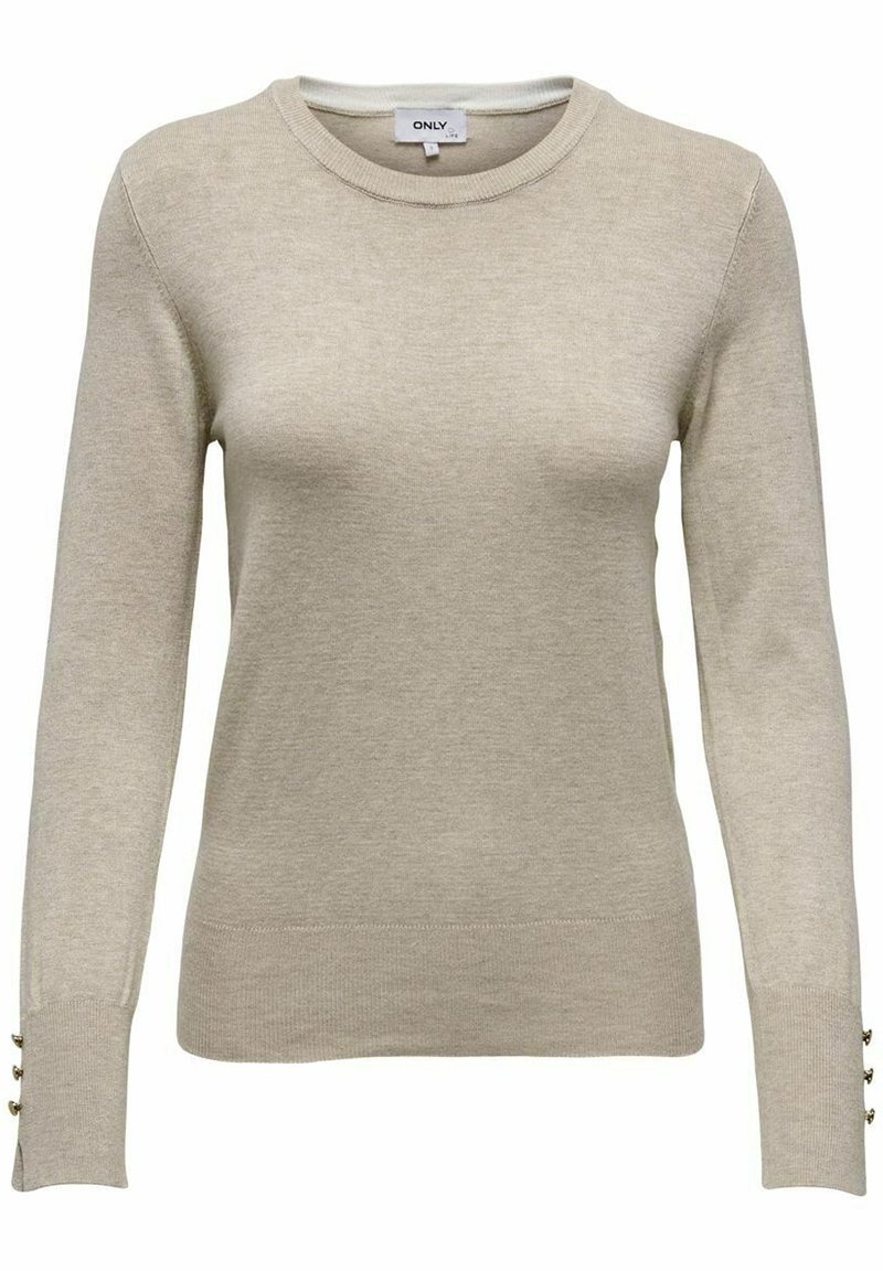 Helles beiges Sweatshirt aus weichem Strickstoff, mit Rundhalsausschnitt und langen Ärmeln, die kleine Knopfakzente an den Bündchen aufweisen.