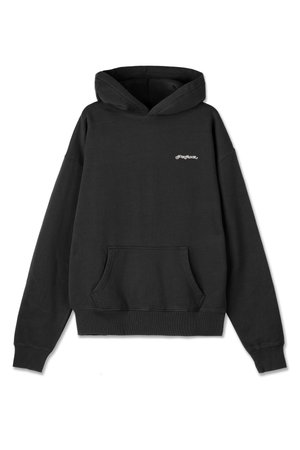 Black hoodie made of soft fabric, featuring a front pocket and ribbed cuffs. Includes a minimalist logo on the chest area.