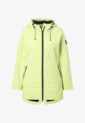 Vaaleankeltainen huppari, jossa on etuvetoketju, mustat yksityiskohdat taskuissa ja hupussa, sileä pinta ja hieman pidempi takahelma.