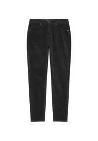 Zwarte corduroy broek met een slim fit, voorzien van vijf zakken, een knoopsluiting aan de voorkant en een zachte, gestructureerde afwerking.