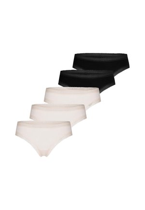 Cinq culottes bikini pour femmes avec bordure en dentelle alignées, trois beige devant et deux noires derrière, sur fond blanc.