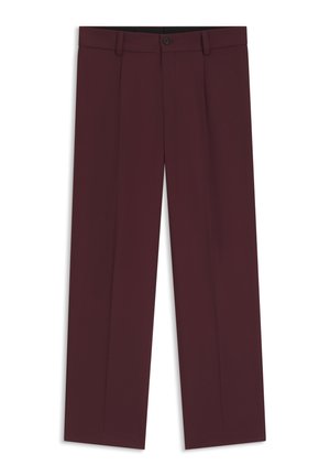 Straight-leg men's trousers in dark burgundy with belt loops, front button, and crease details on a white background.