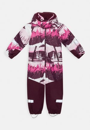 Børns heldragt i mørk lilla og pink med et skovmønster, med hætte, lynlås foran, elastiske manchetter og reflekterende detaljer.