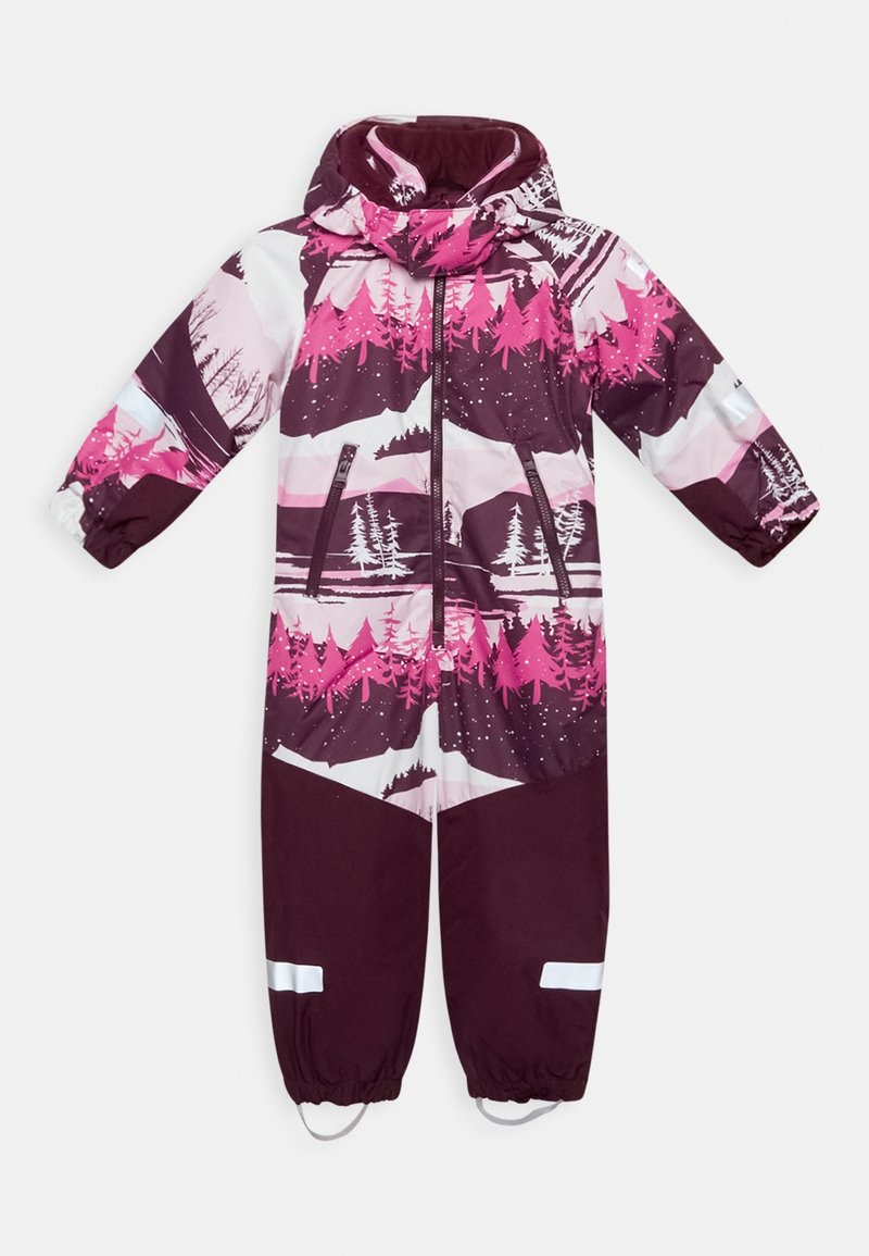 Eéndelige sneeuwpak voor kinderen in donkerpaarse en roze kleur met een bospatroon, voorzien van een capuchon, rits aan de voorkant, elastische manchetten en reflecterende accenten.
