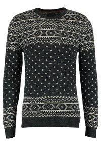Maglione grigio scuro in maglia con motivi geometrici bianchi, collo a giro, maniche lunghe e polsini e orlo a coste.