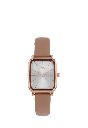 Rectangular rose gold watch with silver dial, minimalist hour markers, and light brown leather strap showing 10:08:37 time.