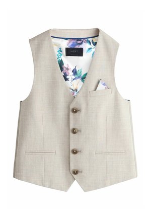 Béžová pánska vesta so štyrmi gombíkmi, dvoma prednými vreckami a kvetinovou podšívkou vrátane zodpovedajúceho vreckovky.