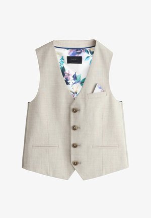 Bézs férfi mellény négy gombbal, két első zsebbel és virágmintás béléssel, valamint hozzáillő zsebkendővel.