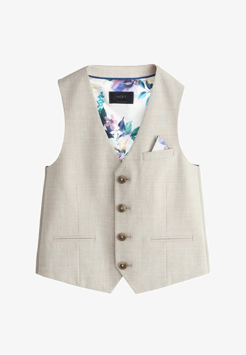 Beige men's waistcoat with four buttons, two front pockets, and floral lining including a matching pocket square.