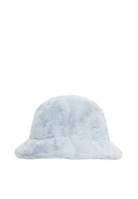 Hellblaue, flauschige Bucket Hat aus weichem Kunstfellmaterial; verfügt über einen breiten Rand und eine runde Krone für eine lockere Passform.