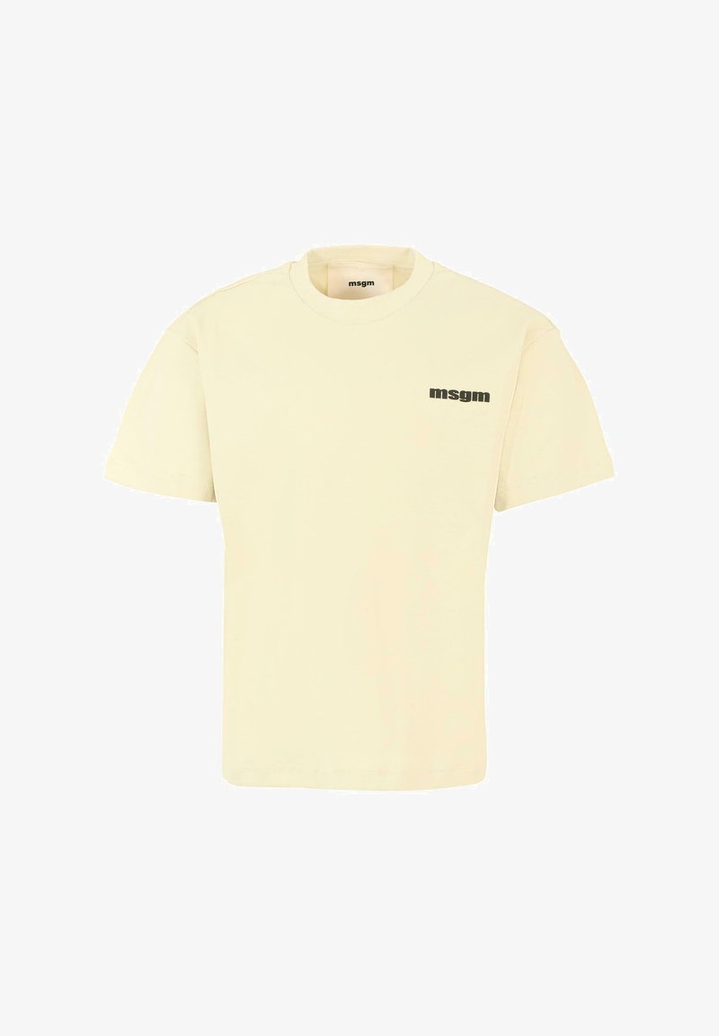 Crèmekleurig katoenen t-shirt met een ronde halslijn en korte mouwen, met een zwart gedrukt logo op de linkerkant van de borst.