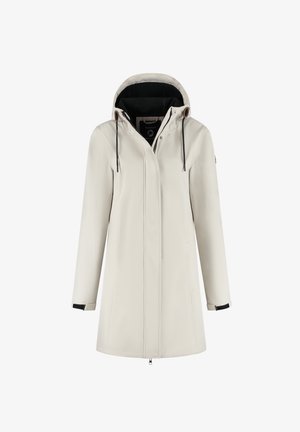 Lichtgrijze waterdichte jas met een capuchon, voorkant met rits, twee zijzakken en een zwarte binnenvoering. Voorzien van verstelbare koorden en manchetten.