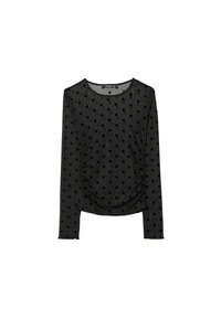Crna dugosleeve bluzica od prozirnog materijala sa uzdignutim plišanim točkicama. Ima okrugli izrez i detalj nabranih bočnih strana.