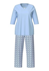 Lichtblauw bovenstuk met driekwart mouwen en een V-hals, versierd; witte broek met een donkerblauw golfpatroon. Katoenen materiaal.