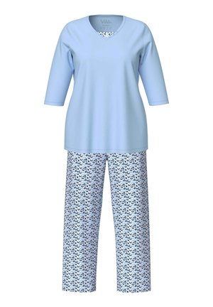 Hellblause, dreiviertelärmeliges Oberteil mit V-Ausschnitt und Verzierungen; weiße Hose mit einem dunkelblauen Wellenmuster. Baumwollmaterial.