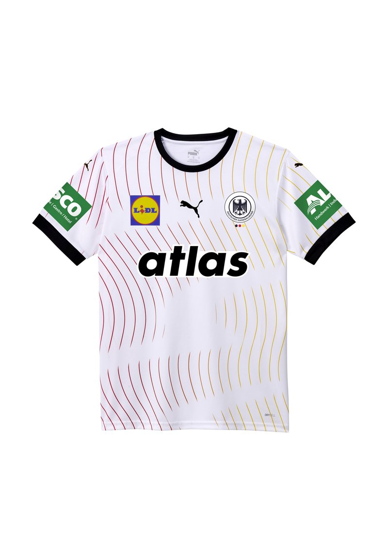 Witte korte mouwen voetbalshirt met rode en gele golfpatronen. Heeft een zwarte kraag, Puma-logo en sponsorloketten op de mouwen.