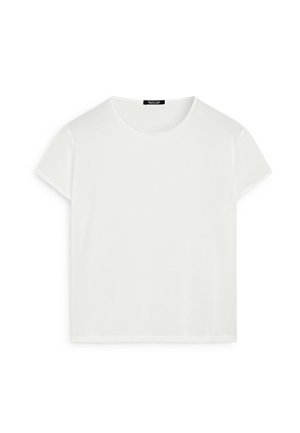 Witte katoenen t-shirt met korte mouwen, ronde hals en een relaxte pasvorm. Gladde textuur en minimalistisch ontwerp, zonder patronen of logo's.