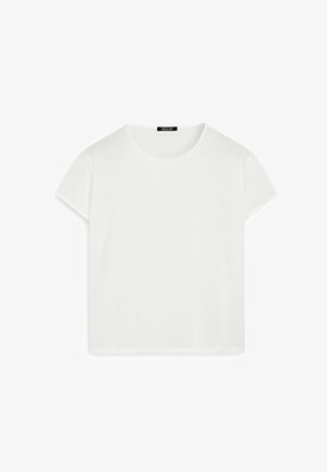 Witte katoenen t-shirt met korte mouwen, ronde hals en een relaxte pasvorm. Gladde textuur en minimalistisch ontwerp, zonder patronen of logo's.