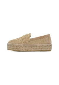 Espadrillas beige intrecciate con una parte superiore testurizzata, un tacco morbido simile alla pelle scamosciata e una suola in corda intrecciata. Design leggero e casual.