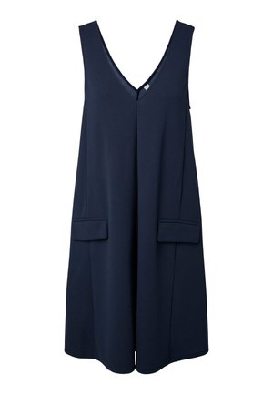 Tmavě modré šaty bez rukávů s výstřihem do V a dvěma klopovými kapsami vpředu, délka ke kolenům, jednoduchý a volný střih.