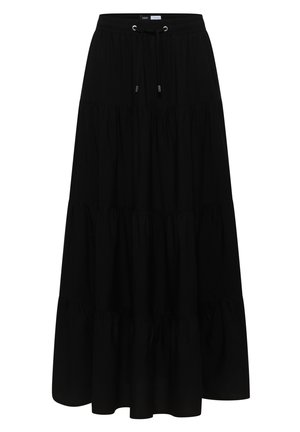 Jupe longue noire à volants avec taille élastique et cordon ajustable à l'avant.