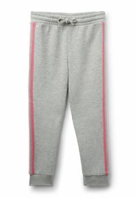 Graue Sweatpants mit einer weichen Textur, versehen mit pinken und silbernen seitlichen Streifen, elastischem Bund und gerippten Bündchen.