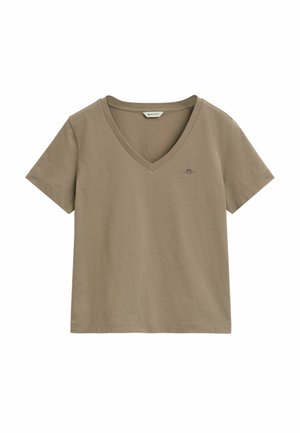 Khaki T-shirt med kort ärm och V-ringning, gjord av mjuk bomull, med en liten broderad logga på vänster bröst.