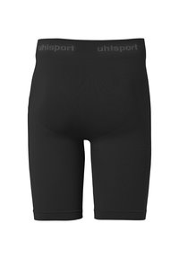 Zwarte sportshorts met een strakke pasvorm, gemaakt van een glad, rekbaar materiaal. Voorzien van een logoband en gestructureerde zijpanelen.