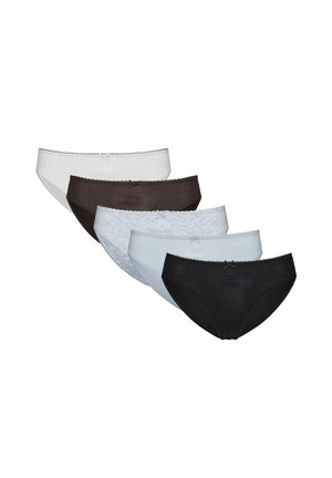 Fünf Damenunterhosen in Schwarz, Hellblau, Grau, Dunkelbraun und Weiß, jeweils mit einer kleinen Schleife in der Mitte des Bunds.