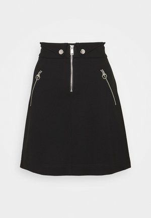 Black A-line skirt with high waistband, front silver zipper, snap buttons on waistband, and two diagonal zippered pockets.
