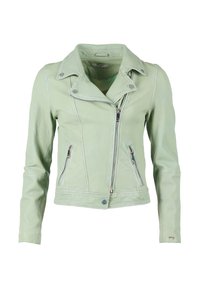 Jasnozielona skórzana kurtka motocyklowa z kołnierzem z wycięciem, zapięciem na zamek błyskawiczny z przodu oraz dwoma bocznymi kieszeniami na zamek. Posiada dopasowane długie rękawy i teksturowane wykończenie.