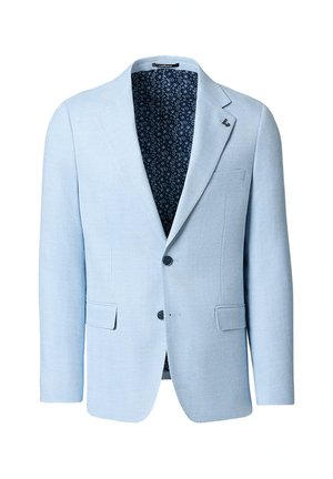 Jasnoniebieska męska marynarka dwurzędowa z dwoma guzikami, z klapami typu notch, kieszeniami z patkami oraz ciemną, wzorzystą podszewką wewnętrzną.