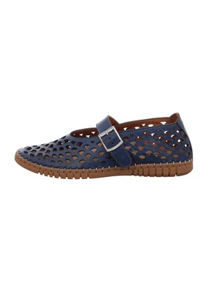 Blue leather Mary Jane shoe with perforated scallop pattern, silver buckle strap, and tan flexible sole.