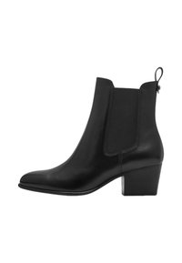 Bottes de cheville en cuir noir avec un bout pointu, des panneaux latéraux élastiques et un petit talon bloc. L'arrière est doté d'un petit passant pour un enfilage facile.