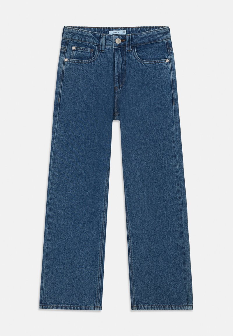 Jeans de ganga azuis com um design de perna reta, estilo de cinco bolsos e fecho de botão. O tecido apresenta uma textura ligeiramente desbotada.
