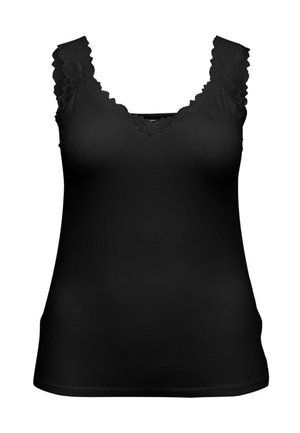 Fekete női ujjatlan felső csipke szegéllyel a mély V-kivágás mentén és vállpántokkal, testhezálló fazon.
