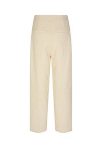 Light cream cropped trousers with a textured fabric, featuring a smooth waistband and two back pockets.