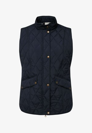 Quilted navy vest med høj krave, der har guldfarvede trykknapper og to frontlommer. Designet inkluderer diamantformet syning.