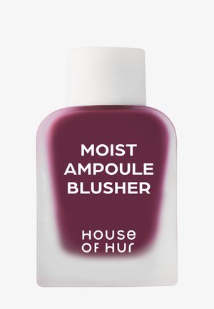 Kleine mattierte Glasflasche mit weißem Verschluss, die eine dunkelrosa Flüssigkeit enthält, beschriftet mit Moist Ampoule Blusher von House of HUR.