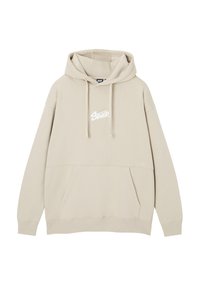 Beige Kapuzenpullover aus weichem Stoff, mit einem vorderen Kängurutasche, Kordelzug Kapuze und weißem Logo auf der Brust. Gerippte Bündchen und Saum.