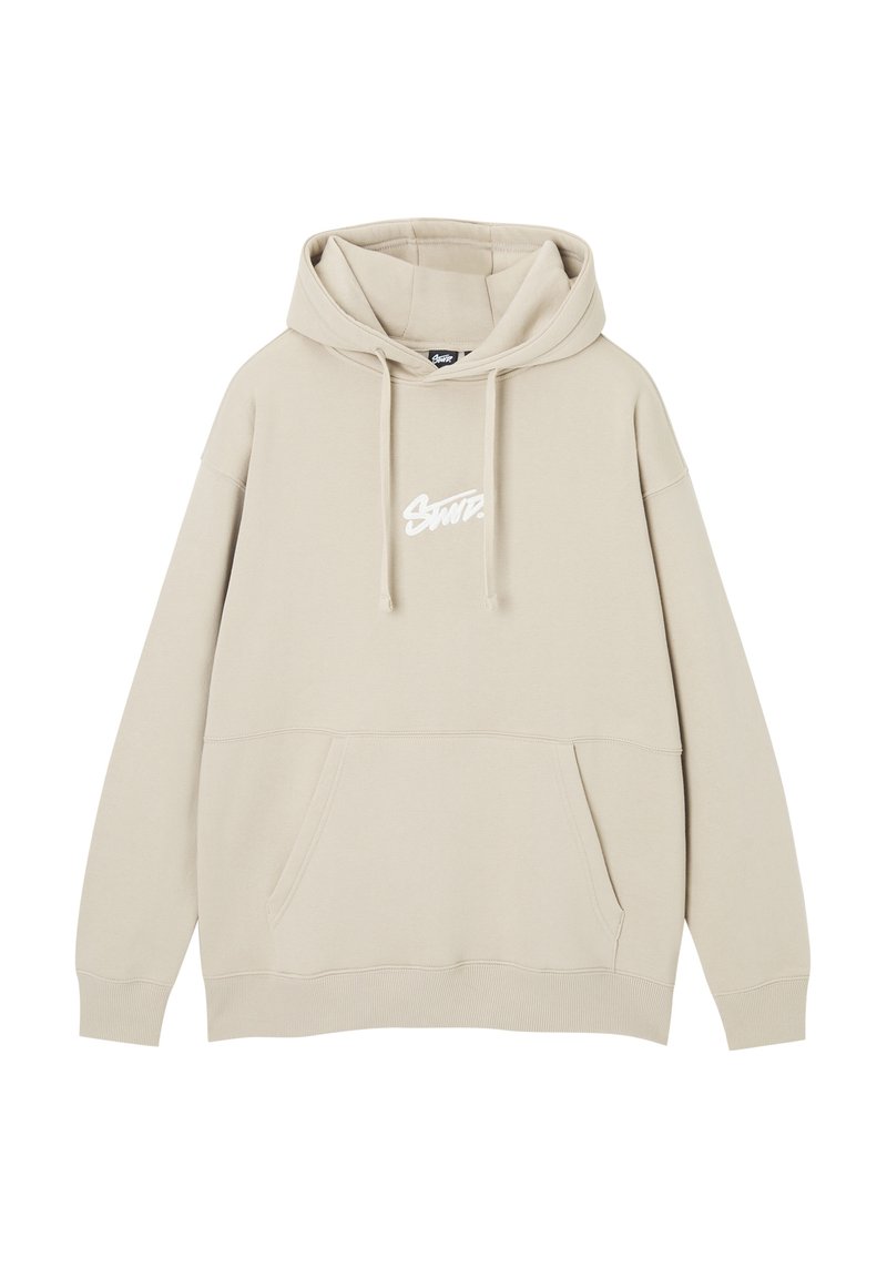 Beige Kapuzenpullover aus weichem Stoff, mit einem vorderen Kängurutasche, Kordelzug Kapuze und weißem Logo auf der Brust. Gerippte Bündchen und Saum.