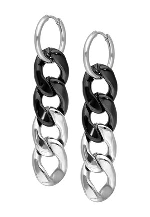 Hoop earrings featuring alternating black and silver chain links, glossy finish, and a simple hoop clasp design.