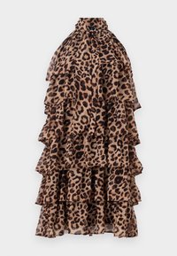 Kjole med leopardmønster og volangdesign, høj krave og flere lag i nuancer af brun og sort. Let, gennemsigtig stof.