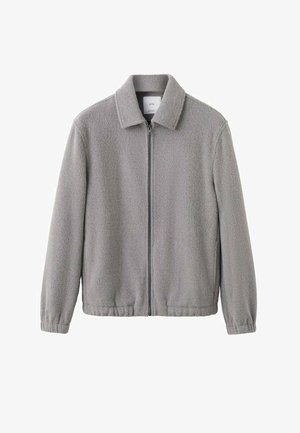Gray fleece jacket with a zip front, collared neckline, elastic cuffs, and a slightly textured surface. Simple, casual design.