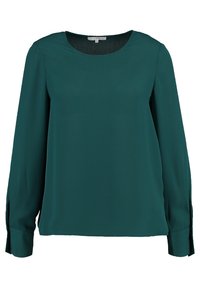 Blusa de manga larga en color teal, hecha de una tela ligera y suave. Presenta un escote redondo y detalles de botones en los puños.