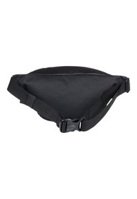 Borsa a tracolla nera in tessuto, con una forma arrotondata, strap regolabile in nylon e fibbia in plastica. Tessuto liscio senza motivi o hardware visibili.